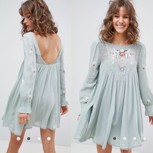 Free People Crew Neck Long Sleeve Embroidered Moya Mohave Mini Dress Boho Size M